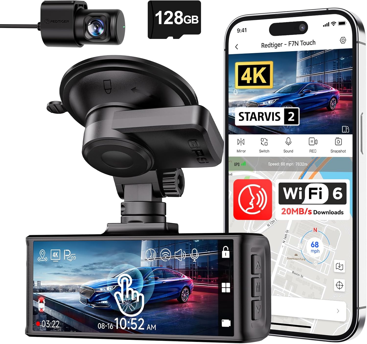 REDTIGER 4K STARVIS 2 Dash Cam Front and Rear, 5GHz WiFi 20MB/s Download, 128GB Card Included, Voice Control, Dash Camera for Cars with 3.18&#34; Touch Screen, GPS, Loop Recording, Parking Mode(F7N Touch)