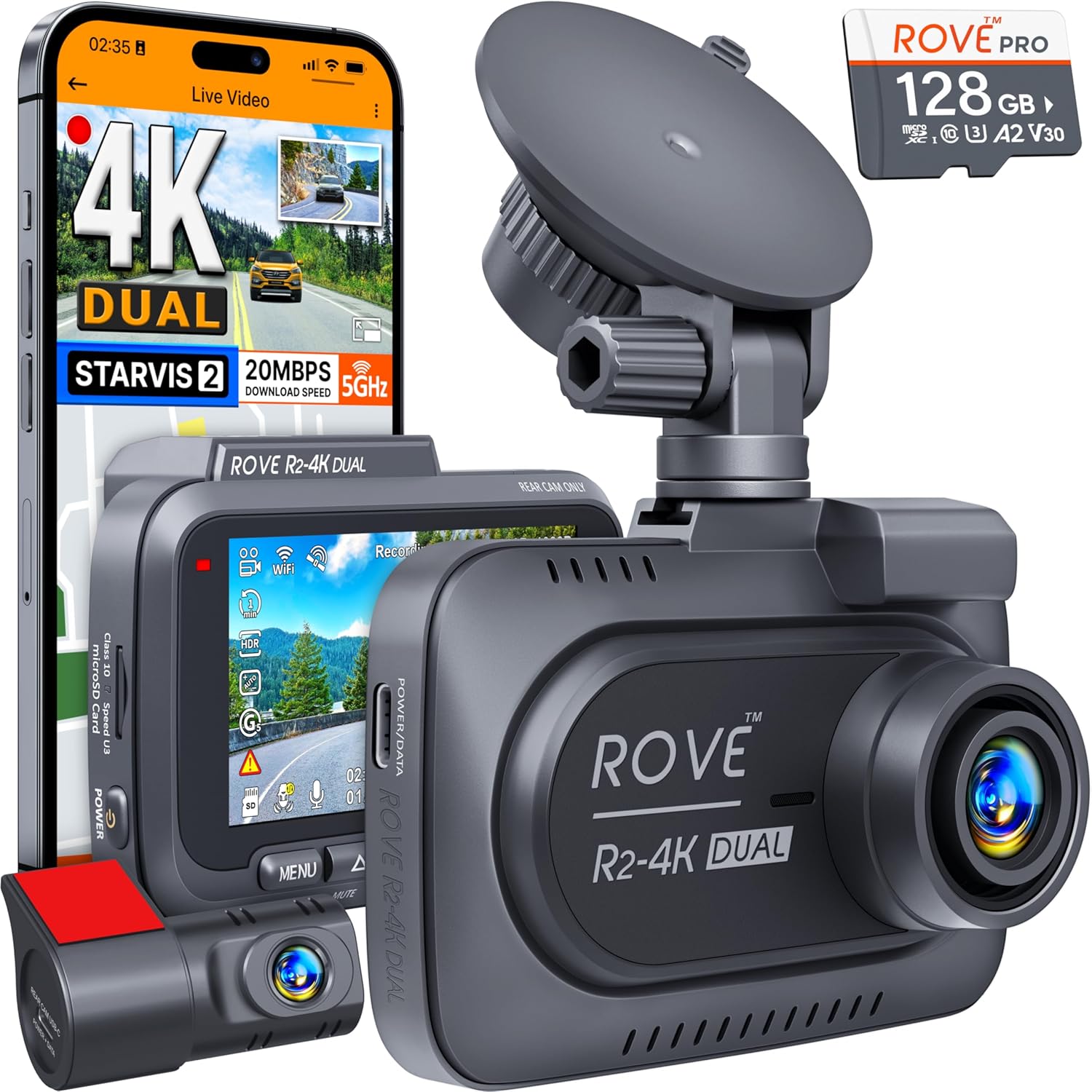 ROVE R2-4K DUAL Dash Cam Front and Rear, STARVIS 2 Sensor, FREE 128GB Card Included, 5G WiFi - up to 20MB/s Fastest Download Speed with App, 4K 2160P/FHD Dash Camera for Cars, 3&#34; IPS, 24H Parking Mode