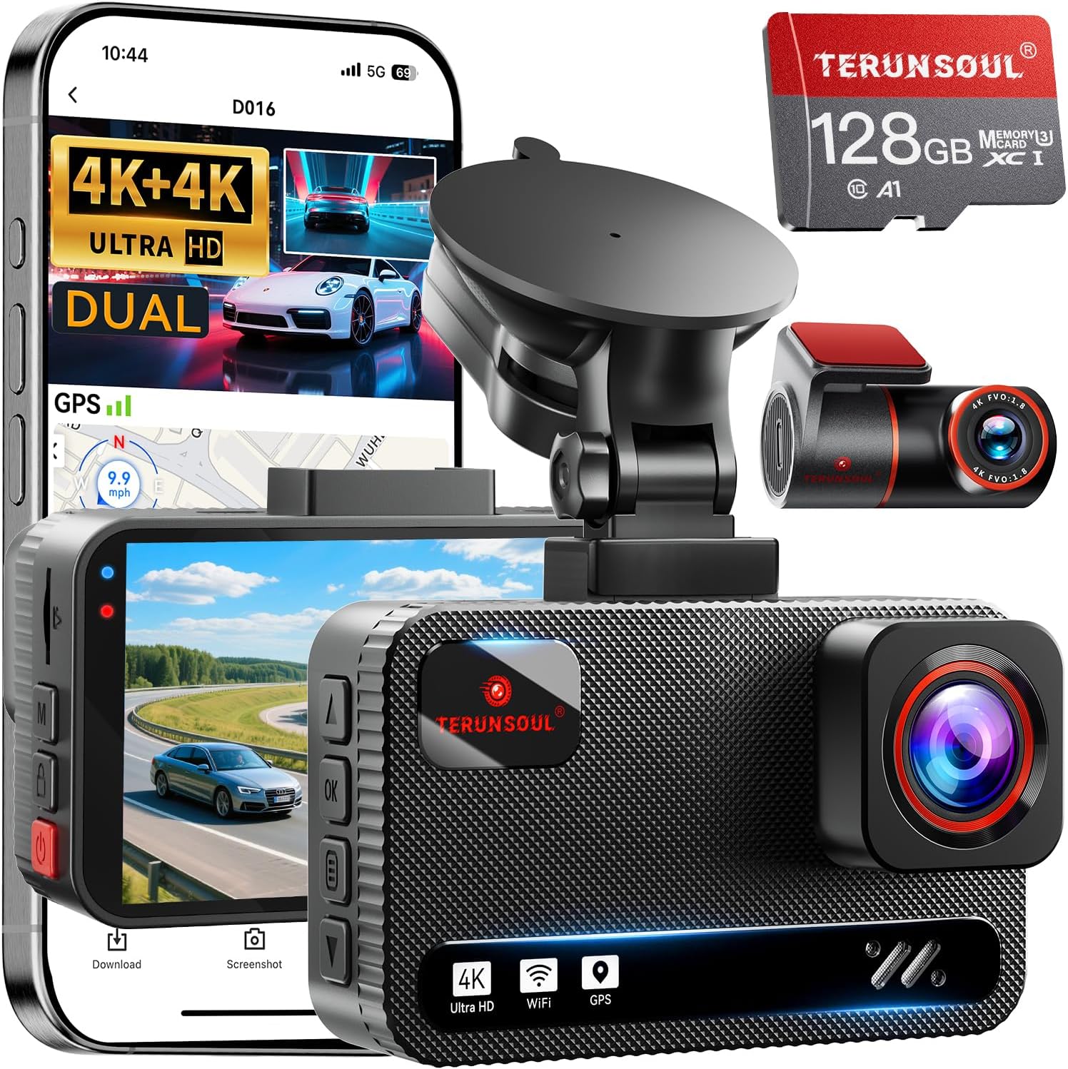 4K+4K Dash Cam Front and Rear, Free 128GB Card Included, 5.8GHz WiFi Dash Camera for Cars, Built-in GPS, G-Sensor, 170°Wide Angle, 3&#34; IPS Screen, 24H Parking Mode, Support 512GB Max
