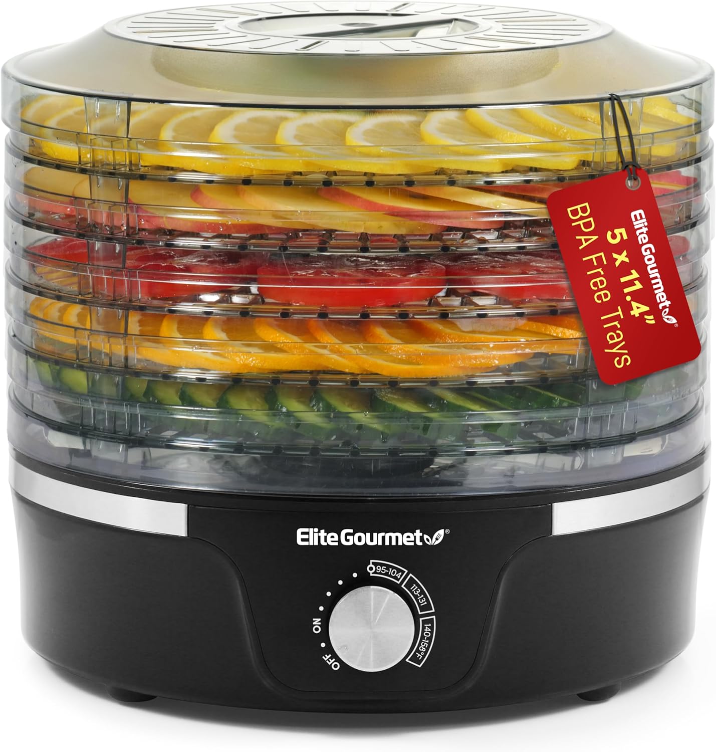 Elite Gourmet EFD319 Food Dehydrator, 5 BPA-Free 11.4&#34; Trays Adjustable Temperature Controls, Jerky, Herbs, Fruit, Veggies, Dried Snacks, Black