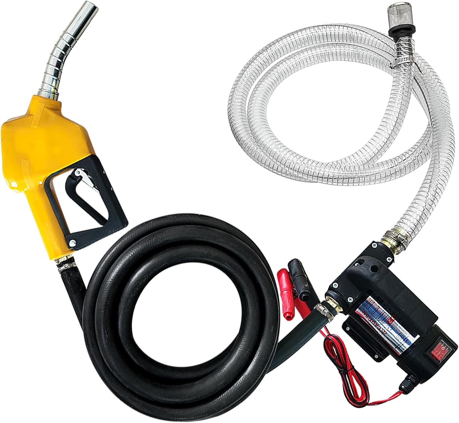Diesel Fuel Transfer Pump Set - 12 Volt Portable Self-Priming Fuel Pump, with Automatic Shutdown Nozzle & Hoses, for Diesel, Kerosene, Motor Oil