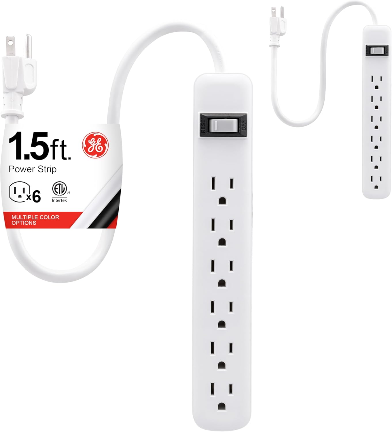 GE 6-Outlet Power Strip, 2 Pack, 1.5 Ft Extension Cord, Heavy Duty Plug, Grounded, Integrated Circuit Breaker, 3-Prong, Wall Mount, ETL Listed, White, 14833