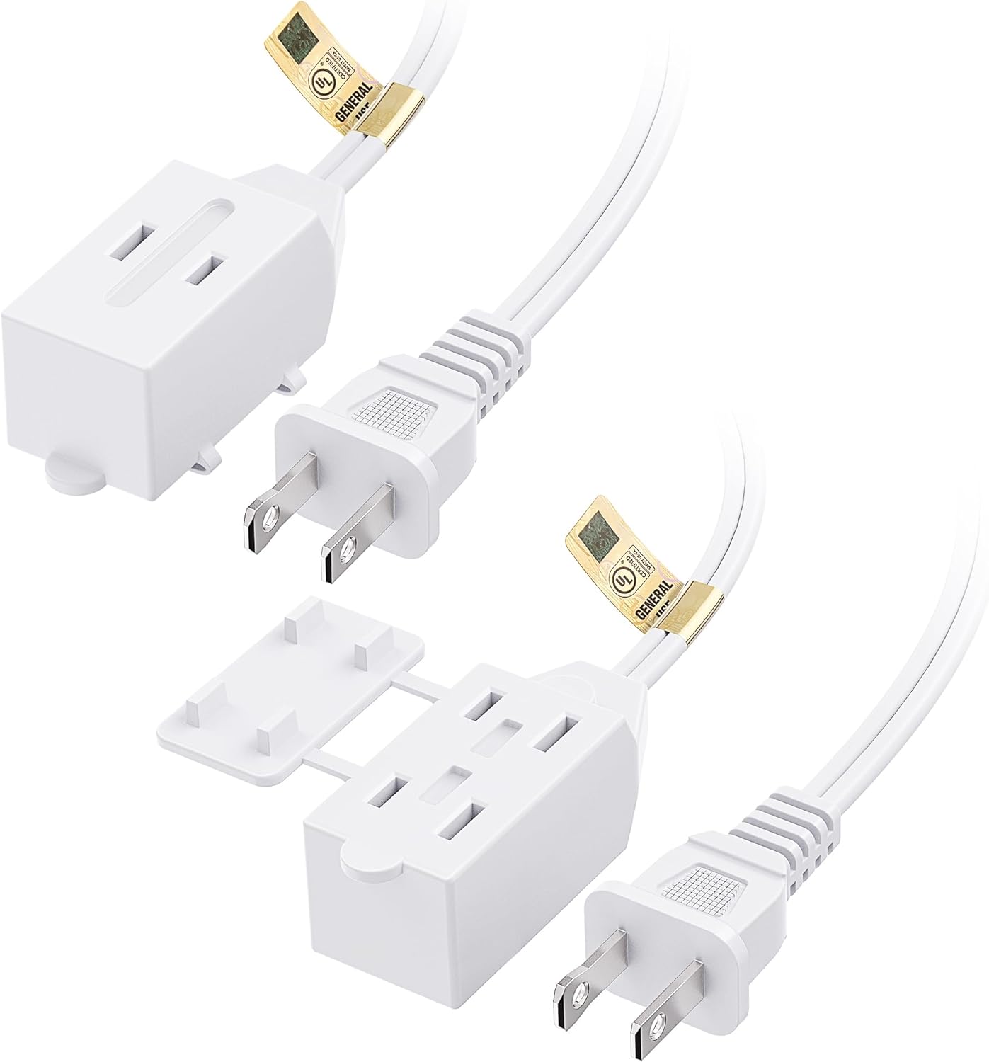 [UL Listed] Cable Matters 2-Pack 16 AWG 2 Prong Extension Cord 6 ft, 13A 3-Outlet Extension Cords with Tamper Guard, 13 Amp, 1625 Watts, White