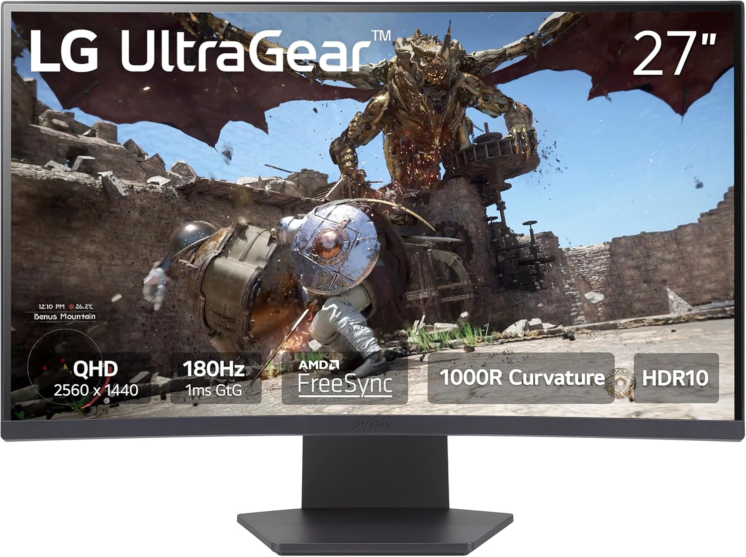 LG 27GS60QC-B Ultragear Curved Gaming Monitor 27-Inch QHD (2560x1440) 180Hz 1ms 1000R AMD FreeSync HDR10 HDMIx2 DisplayPort Borderless Design Black Stabilizer DAS Crosshair FPS Counter - Black