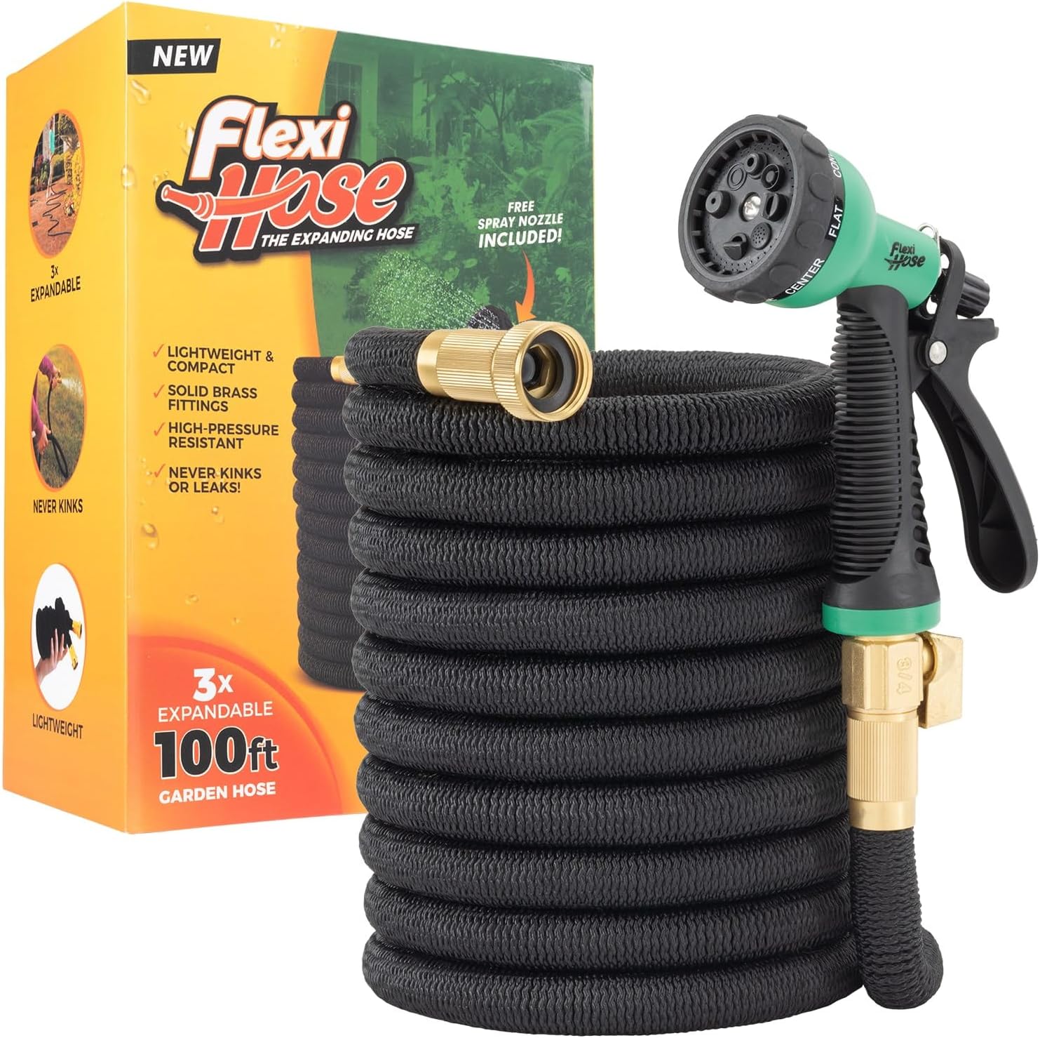 Flexi Hose Expandable Garden Hose with 8 Function Nozzle, 100FT - Lightweight Retractable Garden Hose, Water Hose - No-Kink Flexibility, 3/4 Inch Solid Brass Fittings and Double Latex Core