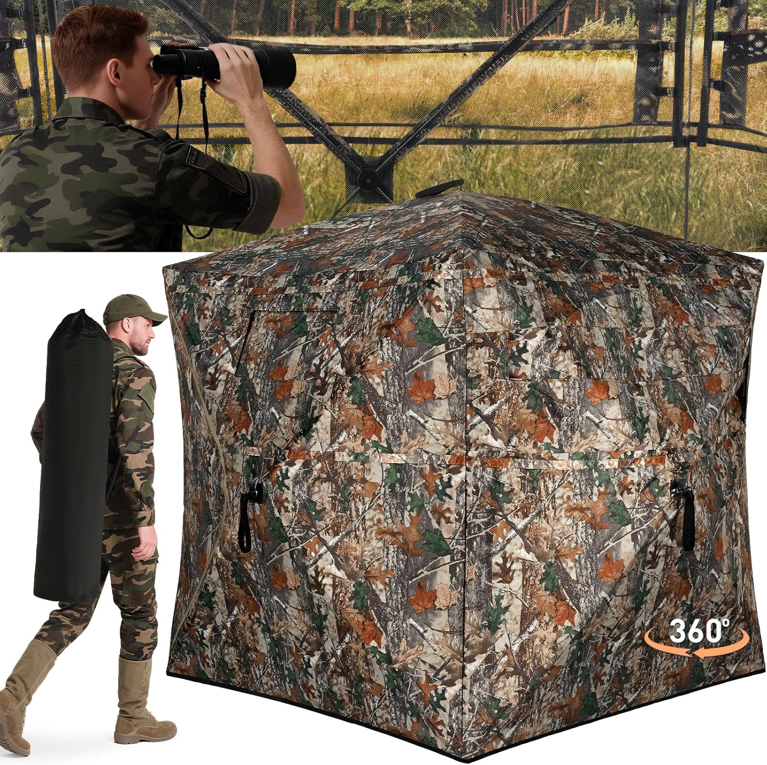 TLC Sport Hunting Blind with Carrying Bag, 270/360 Degree See Through Ground Blind, Pop Up Hunting Blind Portable Concealed Camouflage Tent for 2/3/4 Person, Camouflage