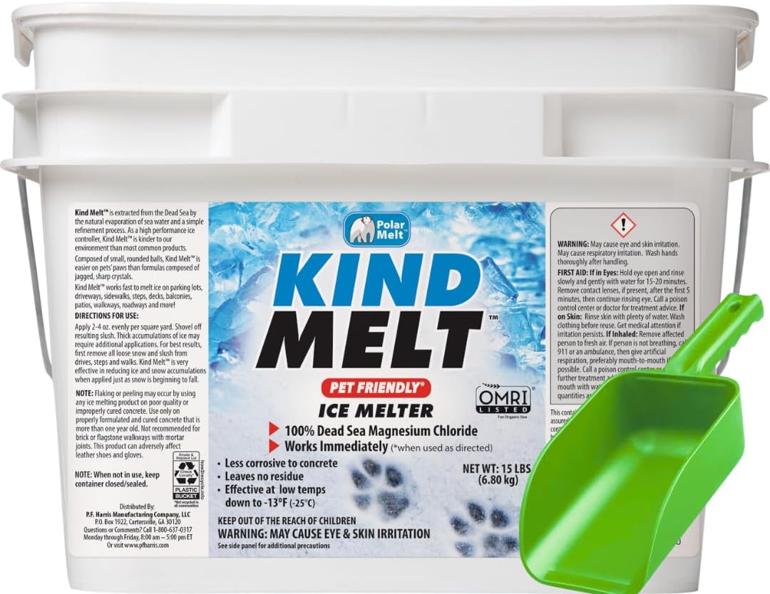 Harris Kind Melt Pet Friendly Ice and Snow Melter, Fast Acting 100% Pure Magnesium Chloride Formula with Scoop Included, 15lb