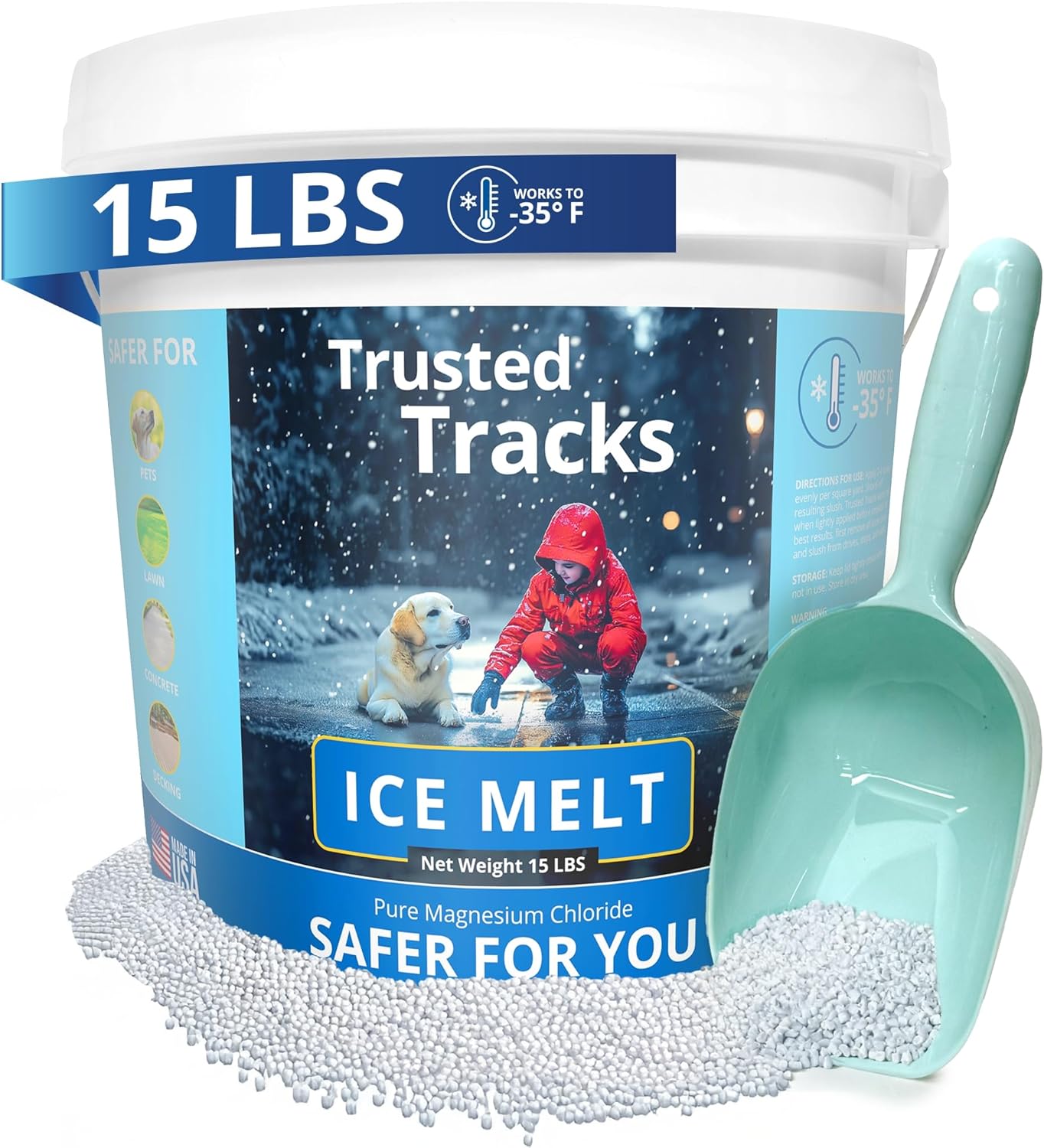 Ice Melt, Pet Safe Ice Melt, 15 LBS Premium Snow Melter, Pure Magnesium Chloride, Safer for Pets, Concrete, Effective to -35 F, 15 lb