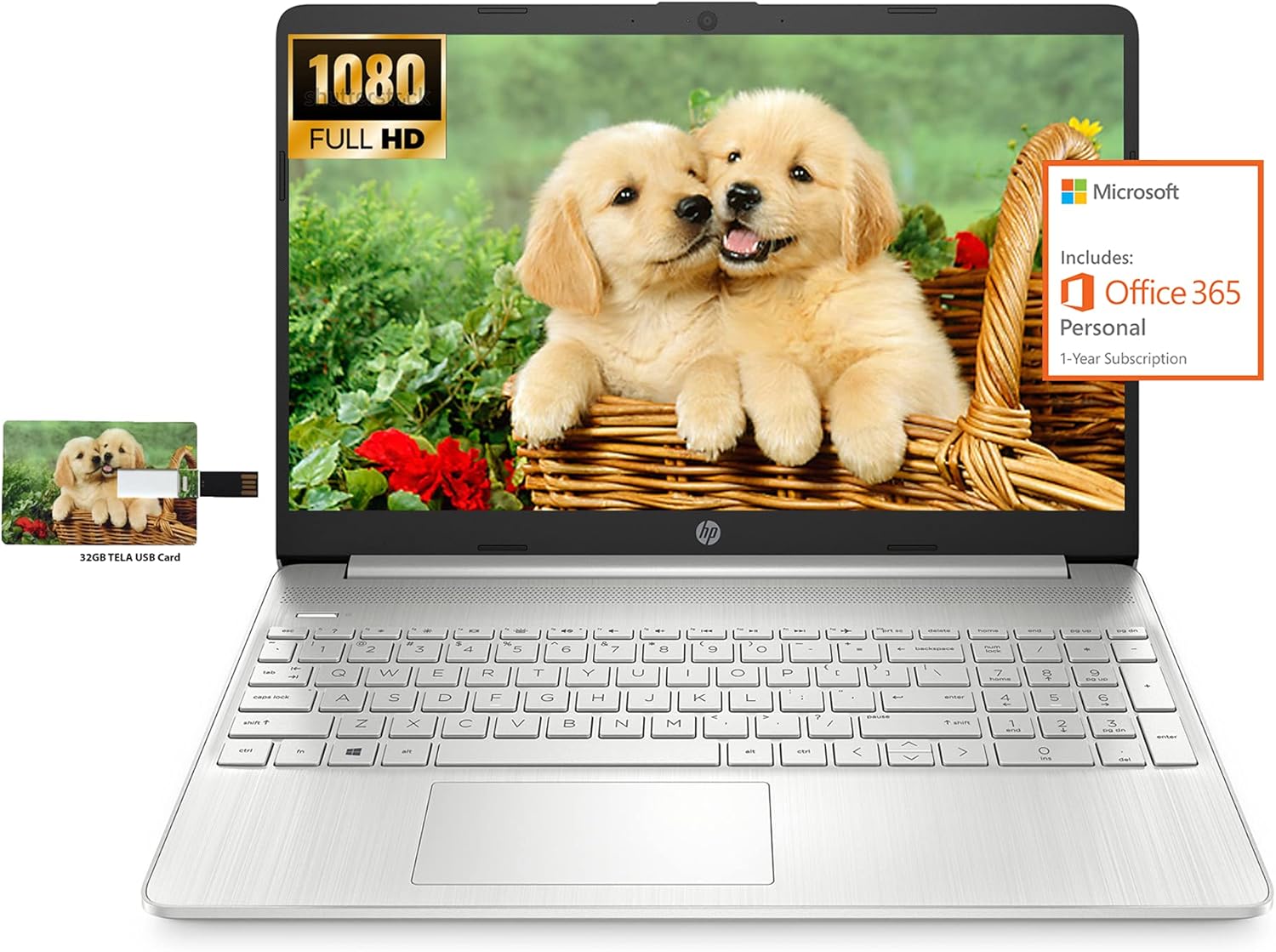 HP 15.6'' FHD Business Laptop, AMD Athlon N3050 Processor, Windows 10 Home, 8GB RAM, 256GB SSD, Wi-Fi, Bluetooth, Webcam, HDMI, SD Reader, Fast Charge, Microsoft Office 365 | 32GB Tela USB Card