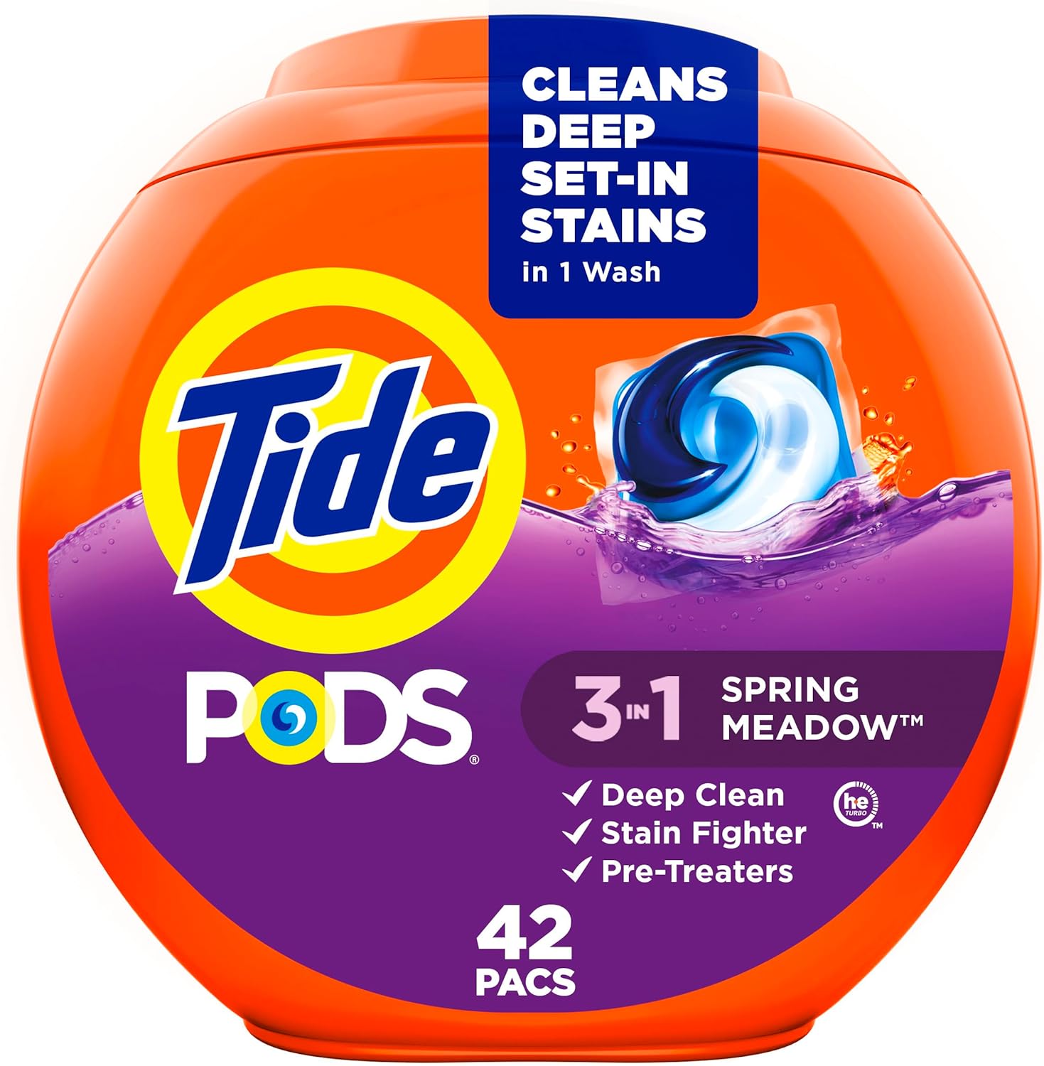 Tide PODS laundry detergent pacs, 3-in-1 Stain Remover, Odor Fighter, Color Protector, 42 Count, HE compatible, Spring Meadow Scent