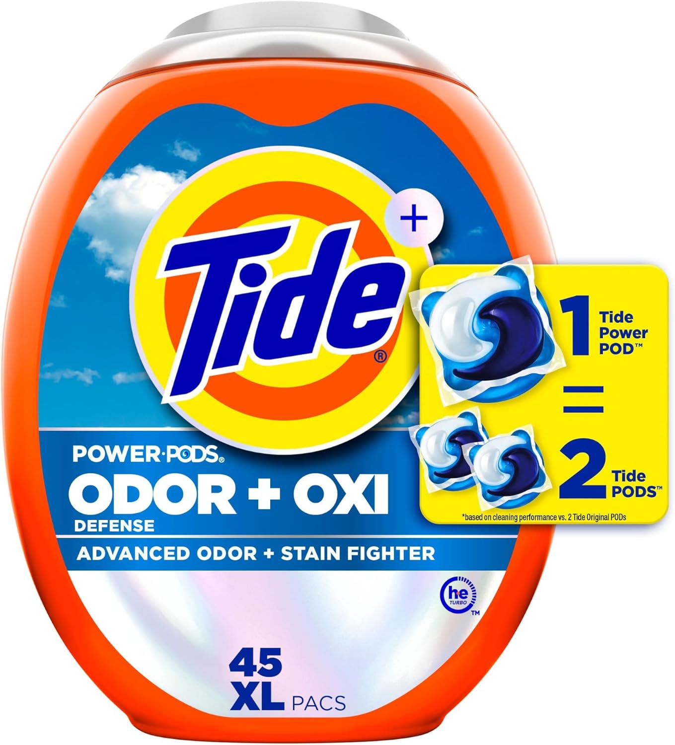 Tide Odor Defense + Oxi Laundry Detergent Pacs, Original Scent, 45 Count, Advanced Odor + Stain Fighter