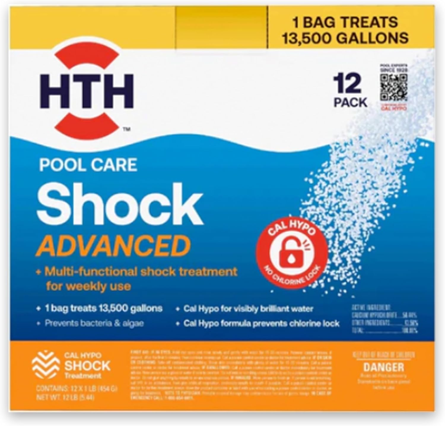 HTH 52037R Pool Care Shock Advanced, Swimming Pool Chemical - Cal Hypo Formula, Prevents Bacteria & Algae, Restores Crystal Clear Water - Shock Treatment, 1lb (12 Pack)