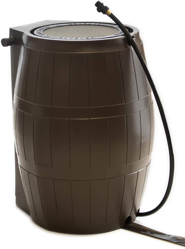 FCMP Outdoor Raincatcher 4000, Flat-Back Rain Water Barrel, 50-Gallon, Brown - Rainwater Collection Storage Container w Side Spigots, Mesh Screen, Garden and Overflow Hose & Linking Kit