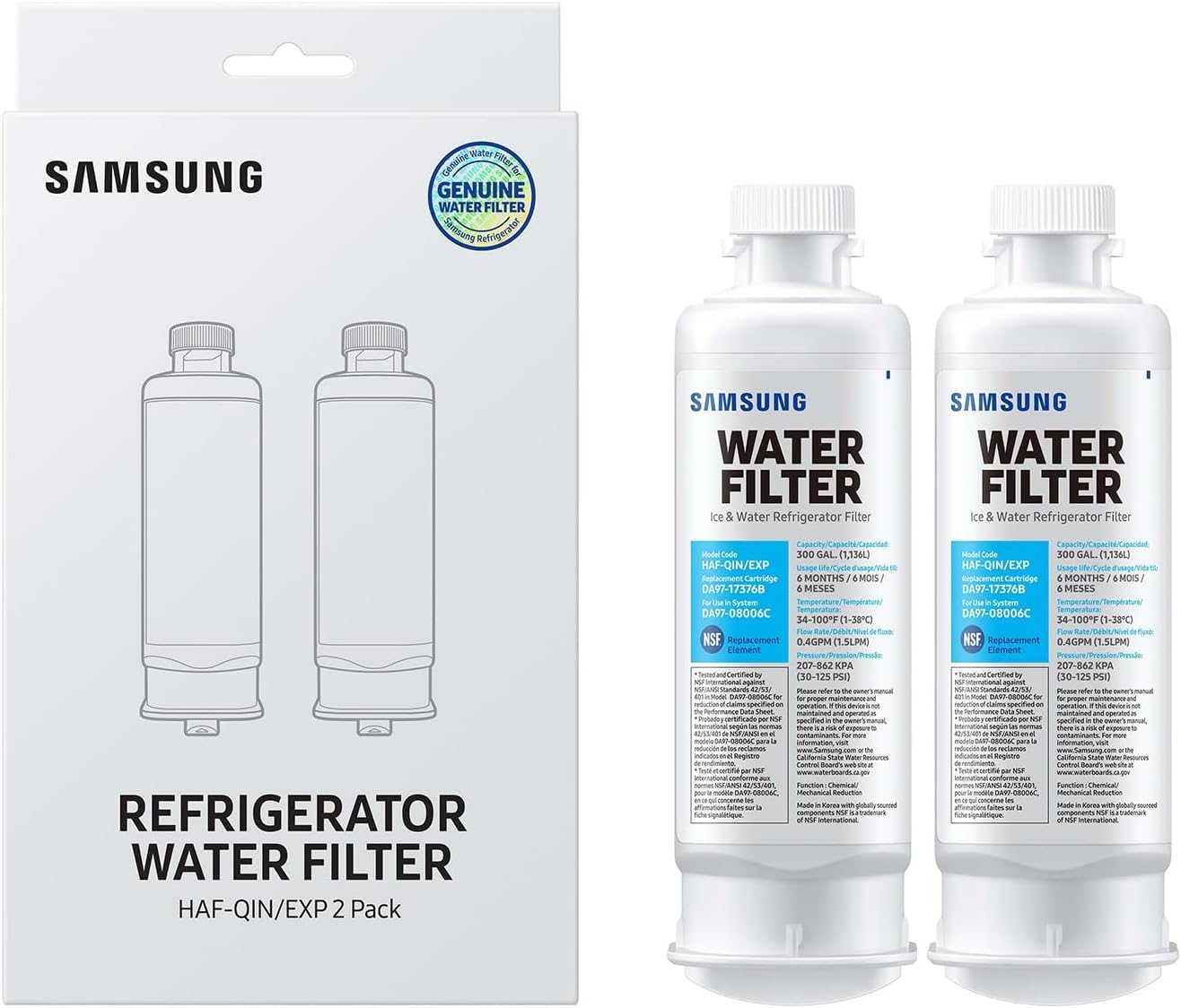 SAMSUNG Genuine Filters for Refrigerator Water and Ice, Carbon Block Filtration for Clear Drinking Water, HAF-QIN-2P, 2 Pack