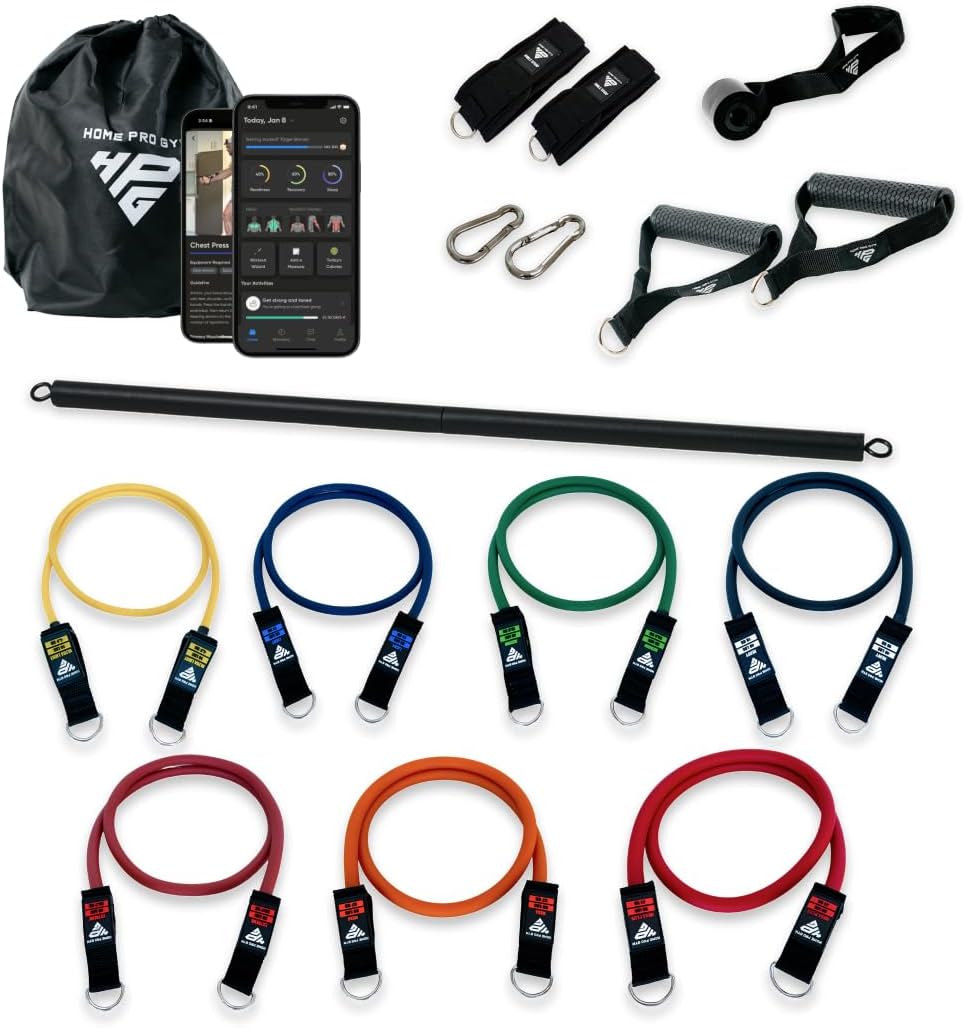 HomeProGym Stackable Resistance Band Set - with Up to 450LBS of Resistance, Band Bar, Premium Handles, Heavy Duty Door Anchor, Padded Ankle Straps, Digital Workout Guide