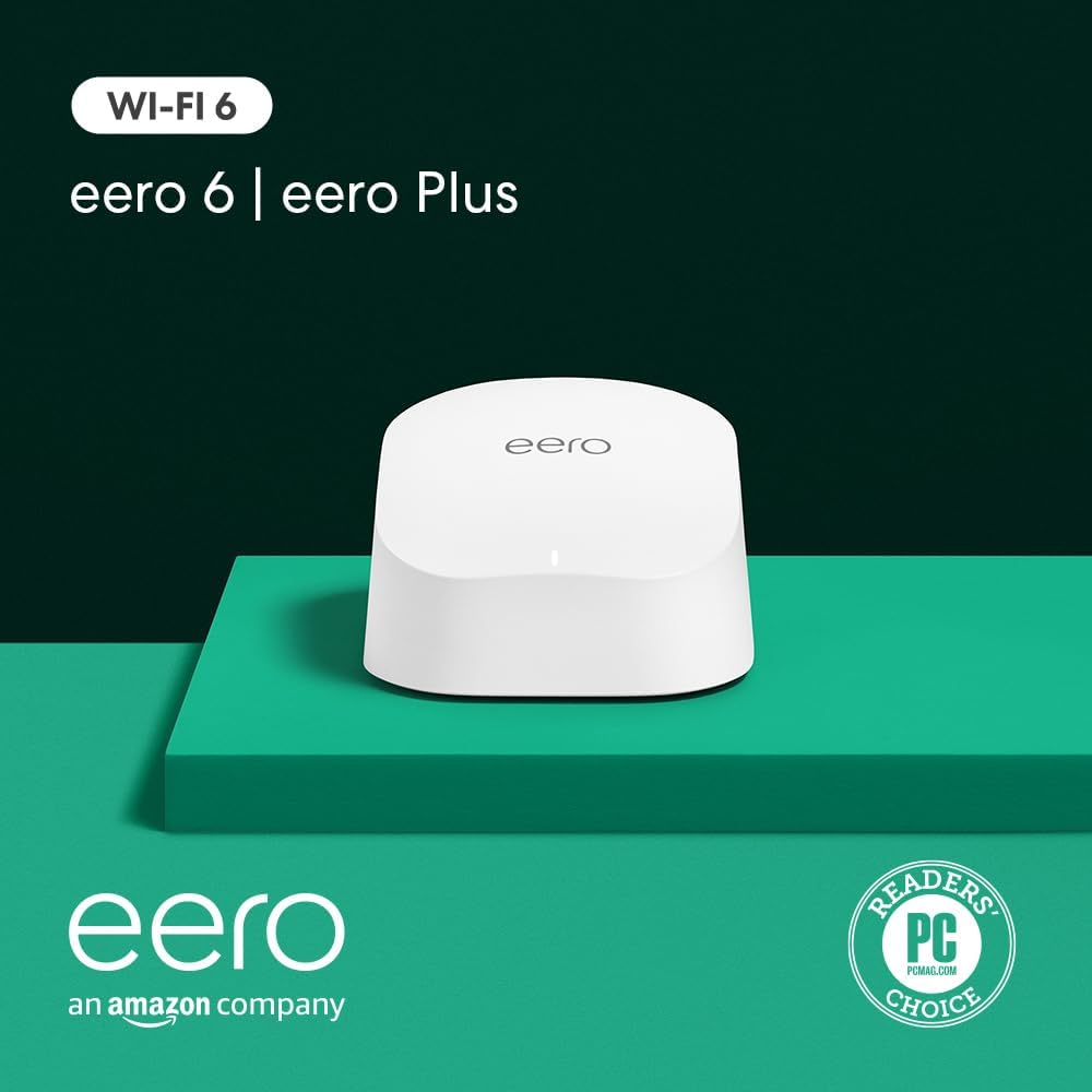 Amazon eero 6 mesh wifi router with 1-month free eero Plus (auto-renews) - Supports internet plans up to 900 Mbps, Coverage up to 1,500 sq. ft., Connect 75+ devices, 1-pack
