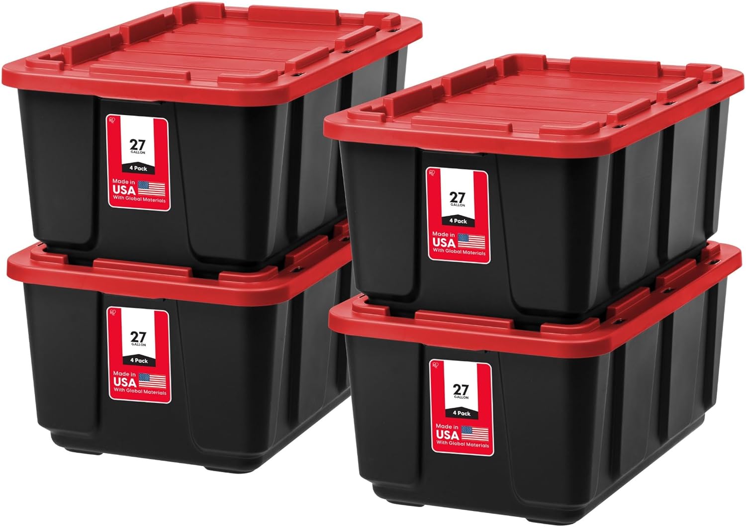 IRIS USA 27 Gallon Heavy Duty Truck Bed Toolbox Storage Tote Bins with Lids, 4 Pack - Made in USA, Tough Snap On Lockable Lid Stackable Industrial Tubs, Garage Organization Reusable Box - Red