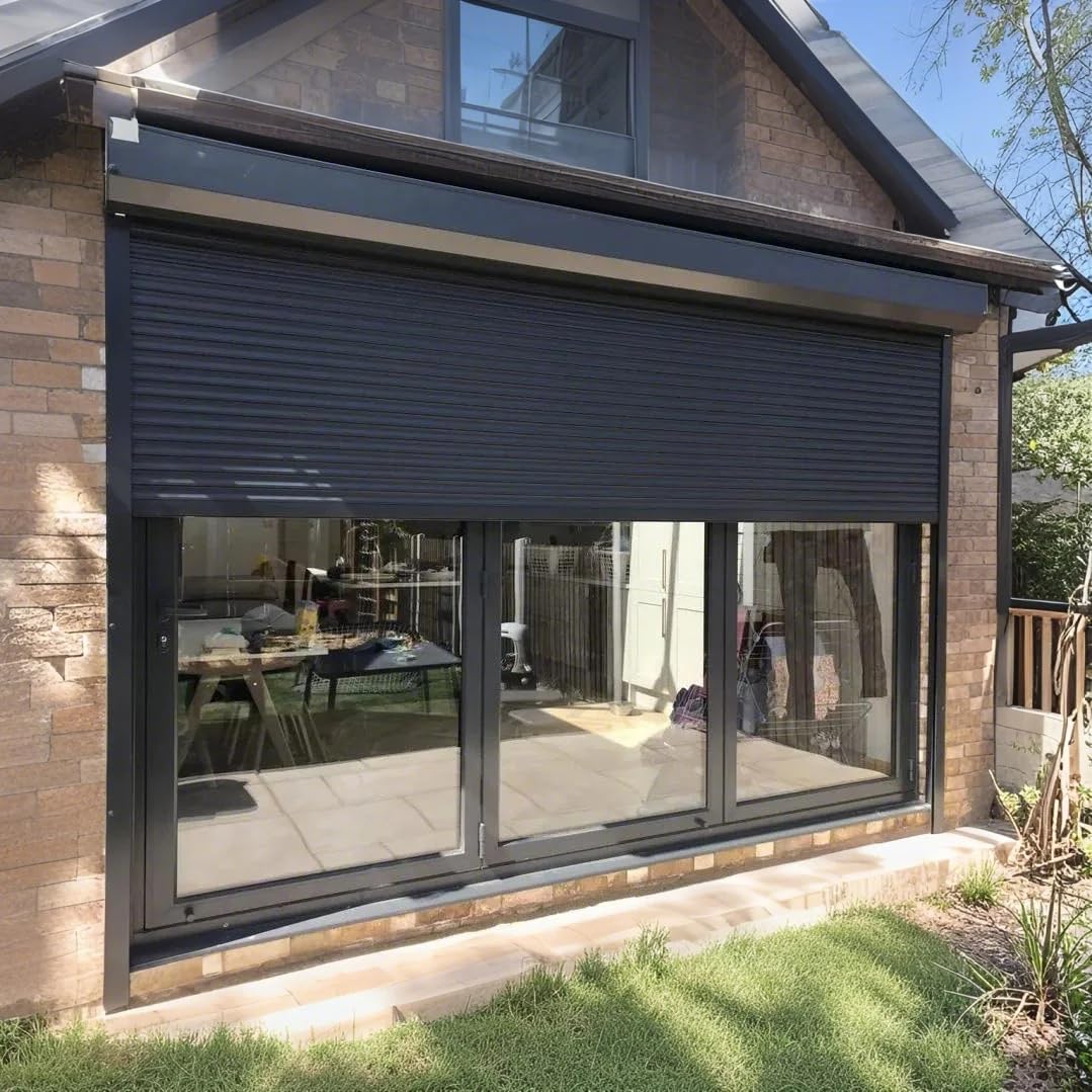 Grey Roll Down Hurricane Shutters Electric Roller Shade for Window Outside, Security in Storm