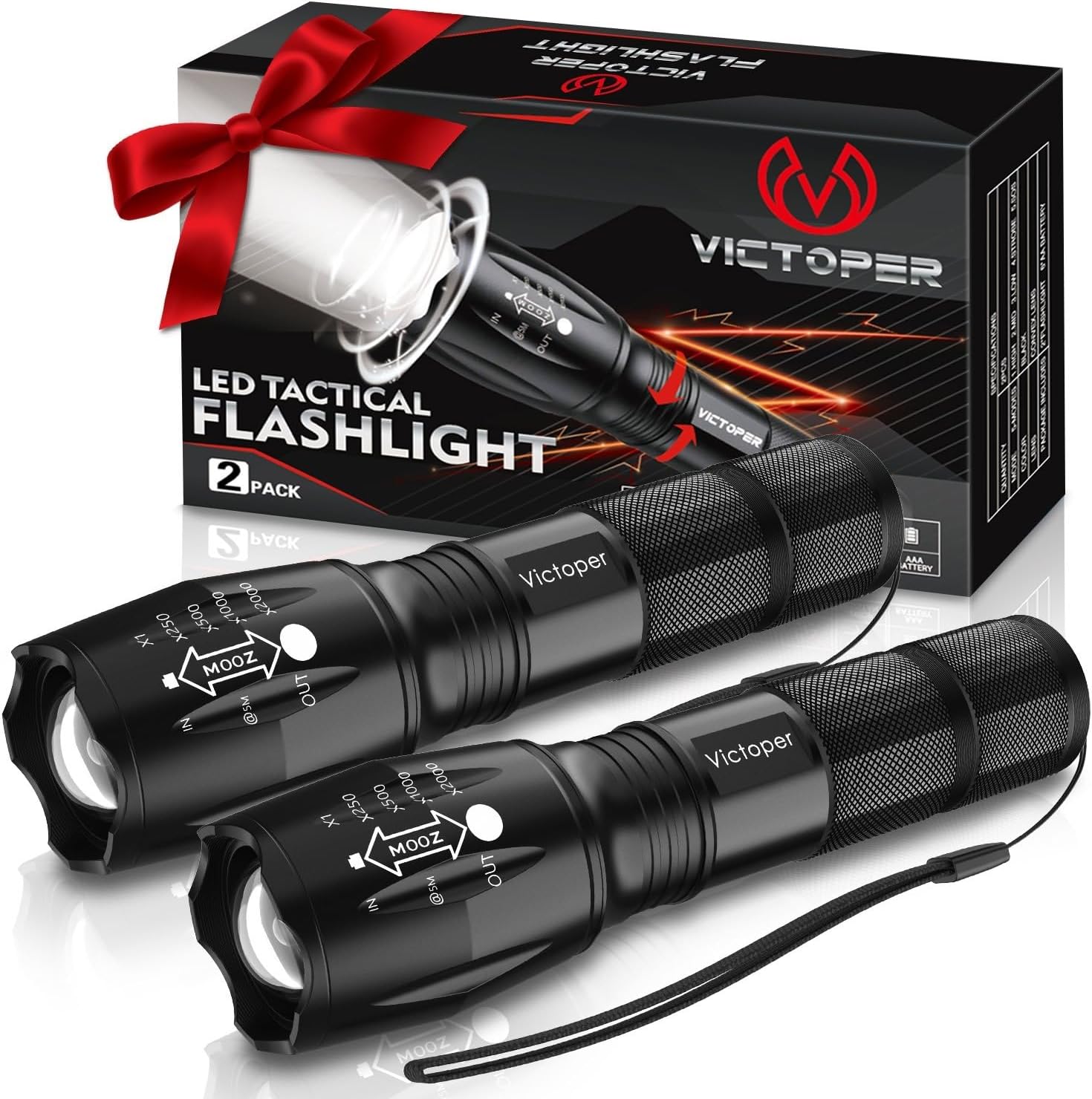 Victoper LED Flashlight 2 Pack, Bright Tactical Torch High Lumens with 5 Modes, Waterproof Zoomable Flash Light, Christmas Stocking Stuffers Gifts for Men, Hunting Camping Essentials Gear