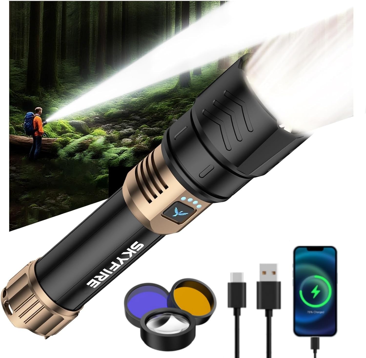 SKYFIRE Rechargeable Flashlights High Lumens with Ignition Lens&White Yellow Blue Light,5000mAh LED Super Bright Flashlight,Zoomable,4 Modes,Waterproof Tactical Flash Light for Outdoor,Home &Gift