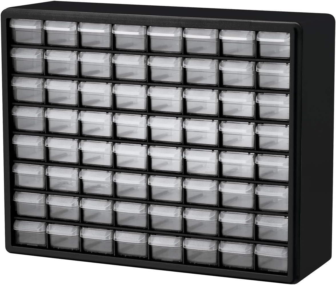 Akro-Mils 64-Drawer Plastic Drawer Storage Cabinet for Garage Organization, Bead Organizer, Building Bricks Storage, Teacher Toolbox, Makeup Organizer, 20&#34; W x 6&#34; D x 16&#34; H, 10164 Black
