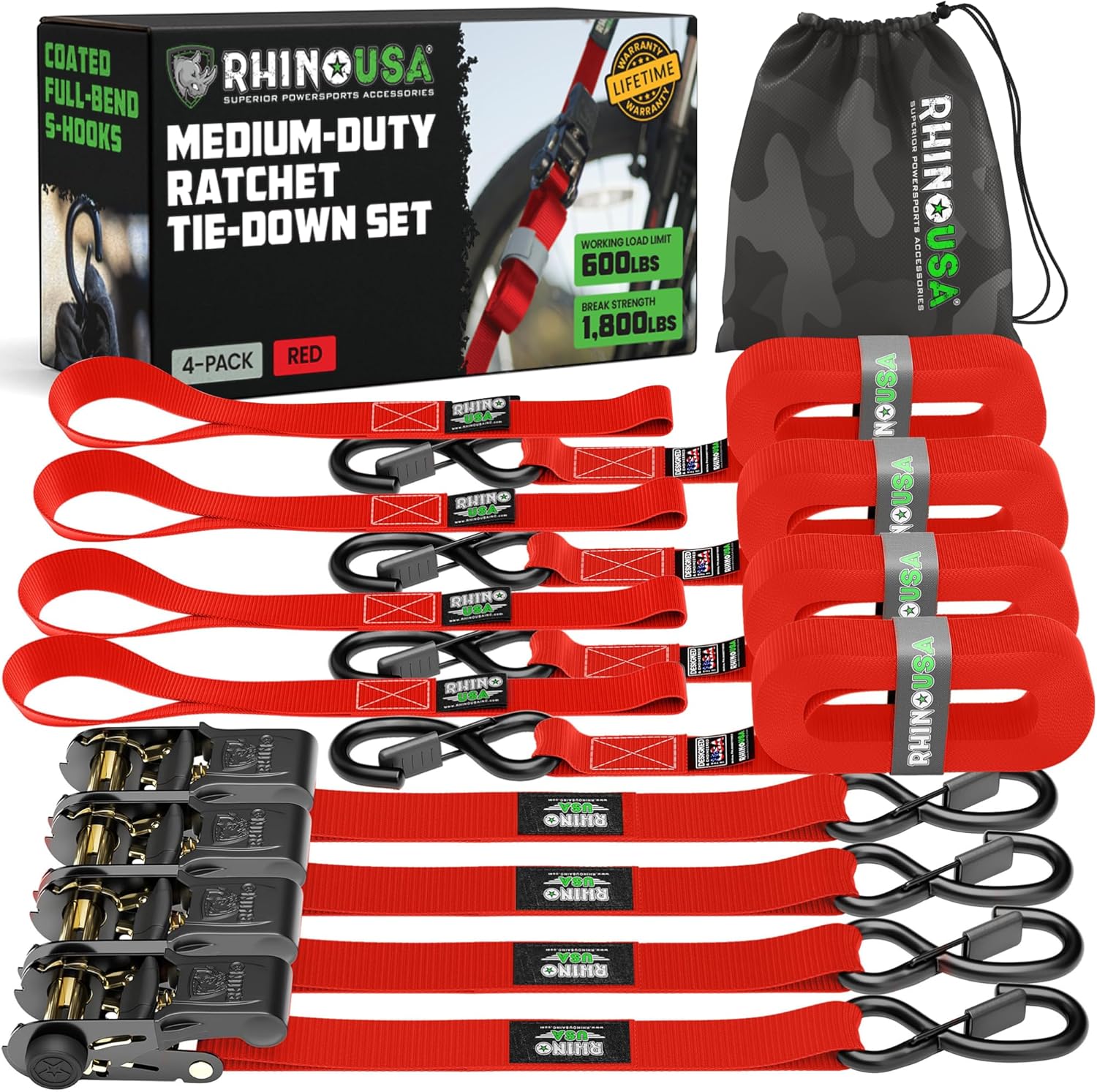 Rhino USA Ratchet Straps Tie Downs (4-Pack) - 1 Inch x 15 Feet (1,823lb Break Strength) - Ultimate Tie Down Straps with Safety S Hooks - for Trucks, Cargo, Moving, Appliances - Red