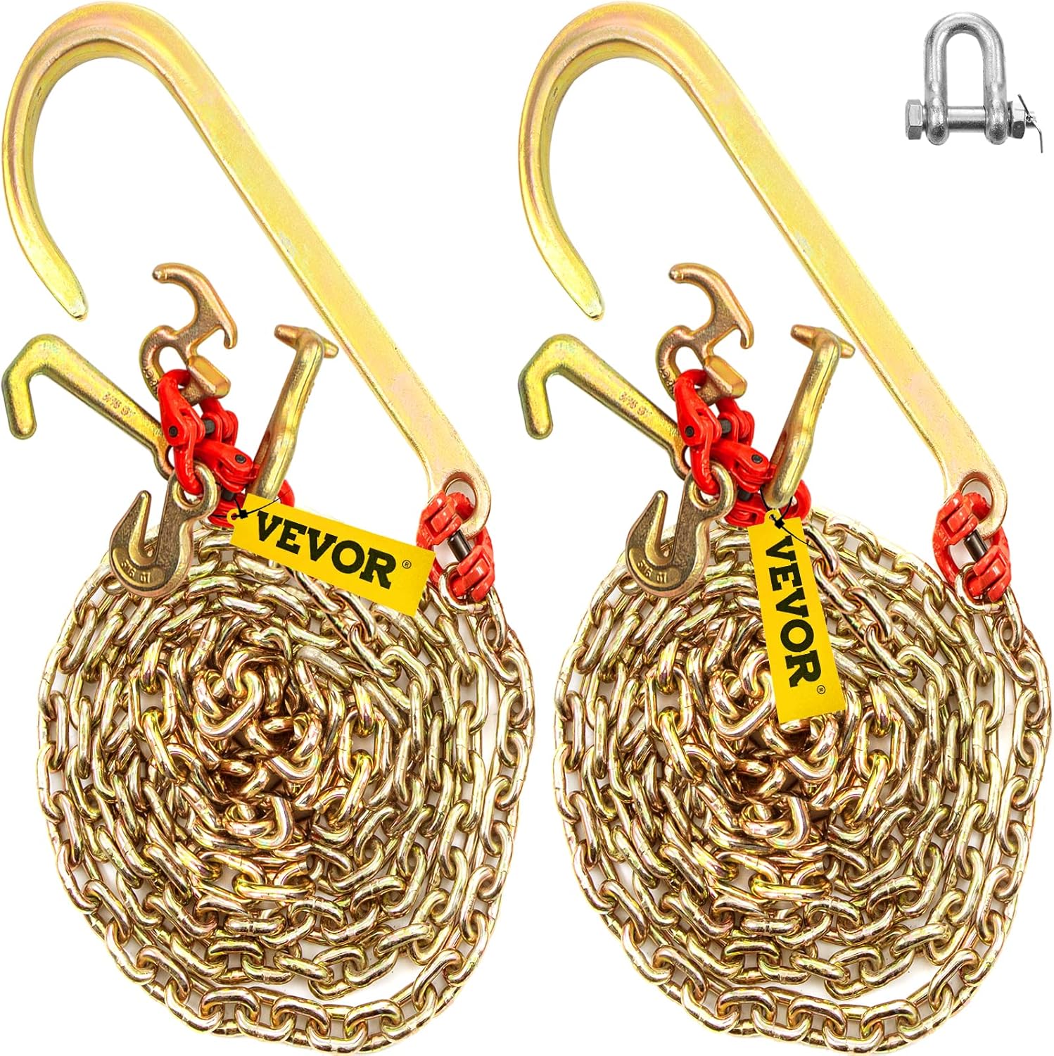 VEVOR J Hook Chain, 5/16 in x 10 ft Bridle Tow Chain, G80 Bridle Transport Chain with 2 G70 J Hooks, 9260 Lbs Break Strength Tow Hooks for Trucks, J Hooks Towing Straps 2PCS