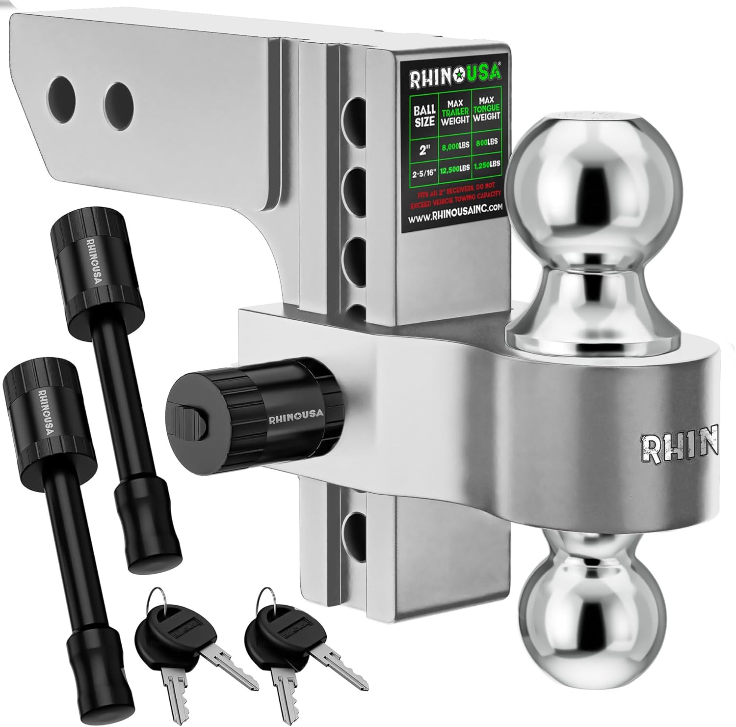 Rhino USA Adjustable Trailer Hitch (Fits 2-Inch Receiver) - Heavy Duty Aluminum Tow Hitches with 6-Inch Drop/Rise for Truck (12,500 LBS GTW) - Weatherproof Double Anti-Theft Locking Hitch Pin (Silver)