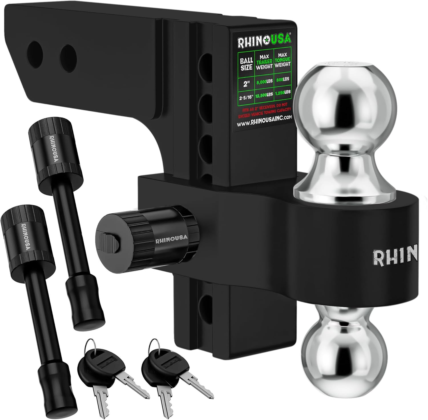 Rhino USA Adjustable Trailer Hitch (Fits 2-Inch Receiver) - Heavy Duty Aluminum Tow Hitches with 6-Inch Drop/Rise for Truck (12,500 LBS GTW) - Weatherproof Double Anti-Theft Locking Hitch Pins (Black)