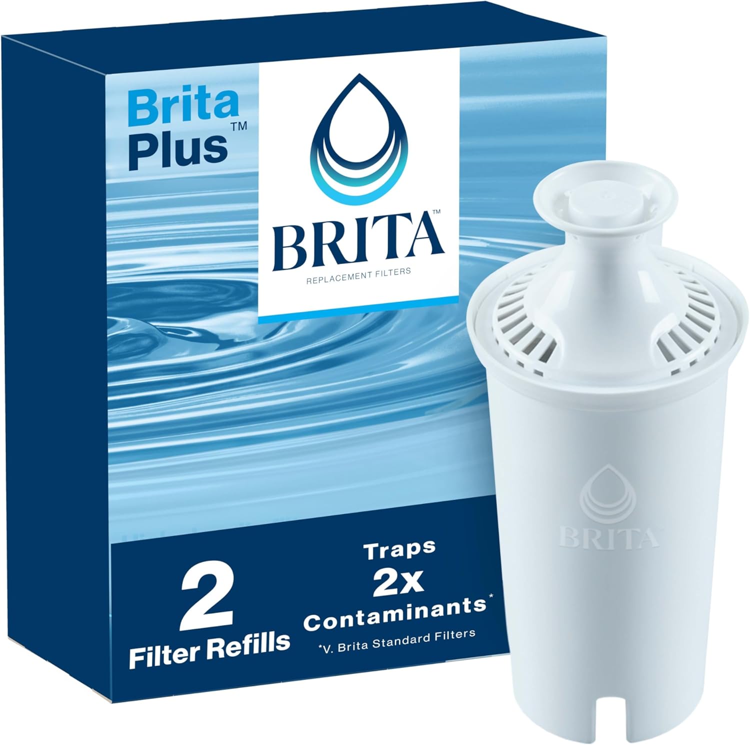 Brita Plus Water Filter, BPA-Free, High-Density Replacement Filter for Pitchers and Dispensers, Reduces 2x Contaminants*, Lasts Two Months or 40 Gallons, Includes 2 Filters